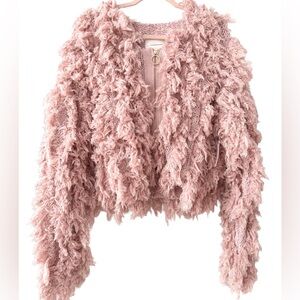 Anthropologie NWT Bubble Textured Sweater Jacket Sz L Pink Rose 2 way Zip BOHO